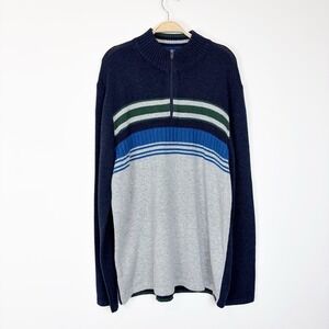 Eddie Bauer Sweater Mens LT LG TALL Navy Gray Striped 1/4 Zip Wool Blend NWT‎